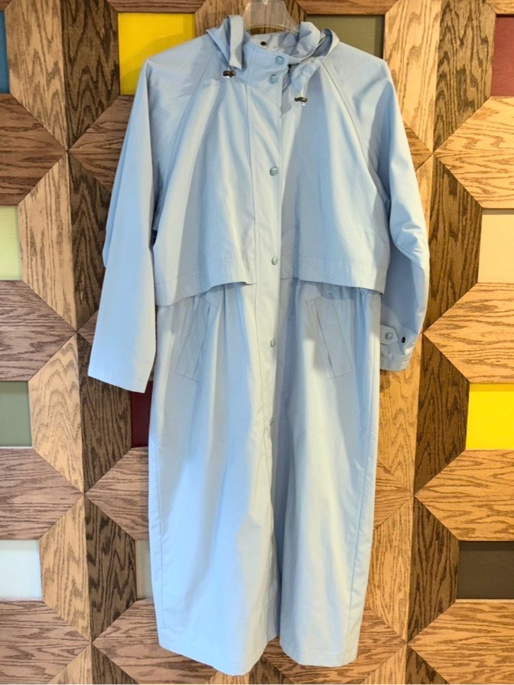 Vintage 80s L.L. Bean Full Length Raincoat Light Blue Hooded Long Trench Coat XL - Picture 3 of 16